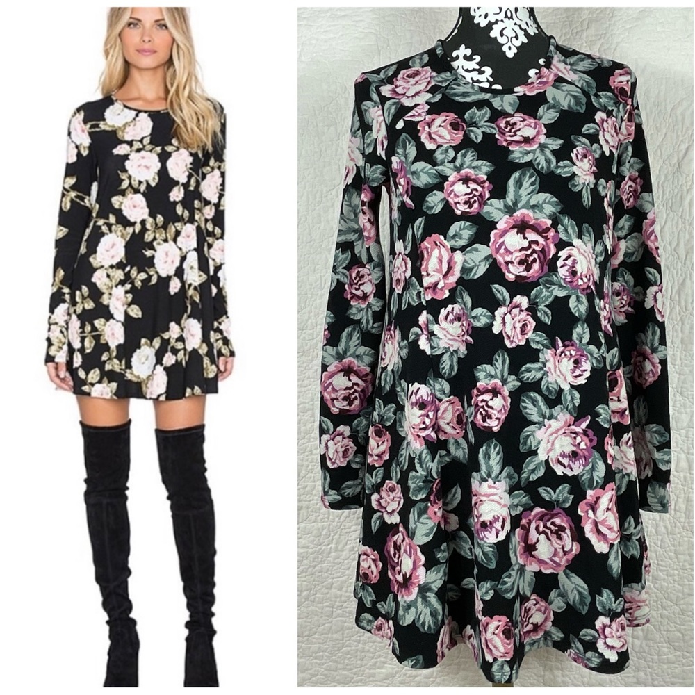 🔥Show Me Your Mumu Floral Babydoll Mini Dress Long Sleeve Pullover Women’s S